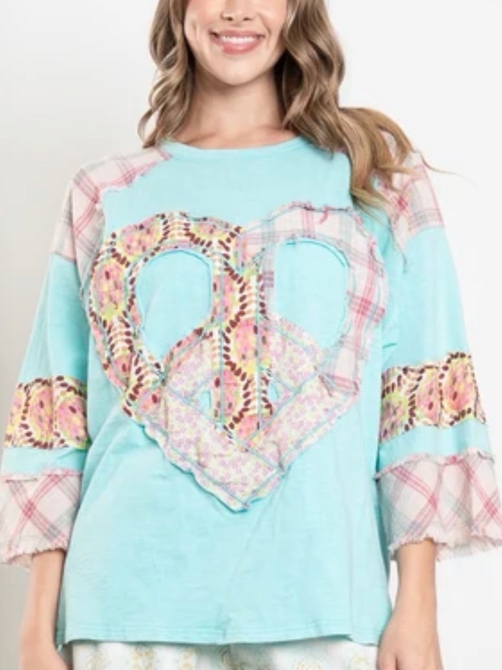 NEW Blue Velvet Aqua Patchwork Heart peace sign Top boho hippie sz M festival
